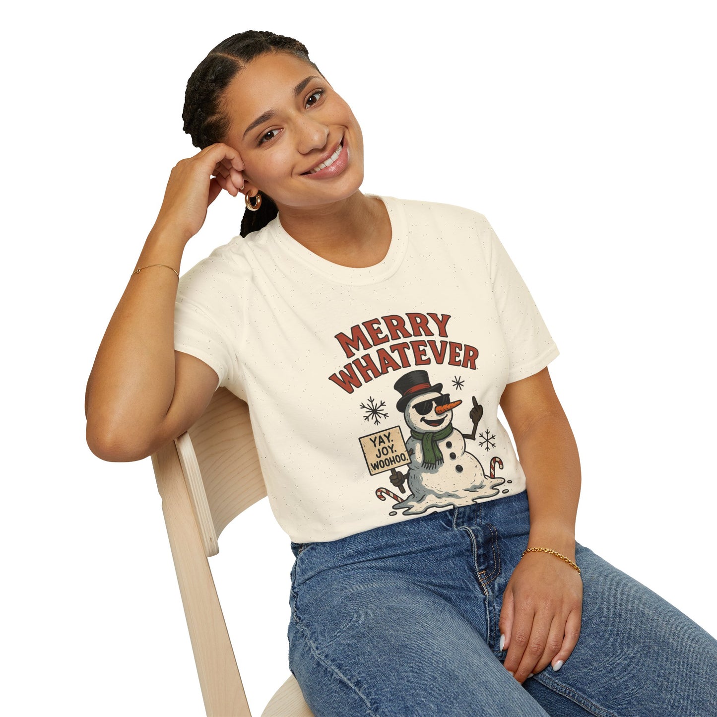 Merry Whatever Funny Snowman Shirt | Sarcastic Holiday Mood Tee | Melting Christmas Anti-Spirit Graphic T-Shirt