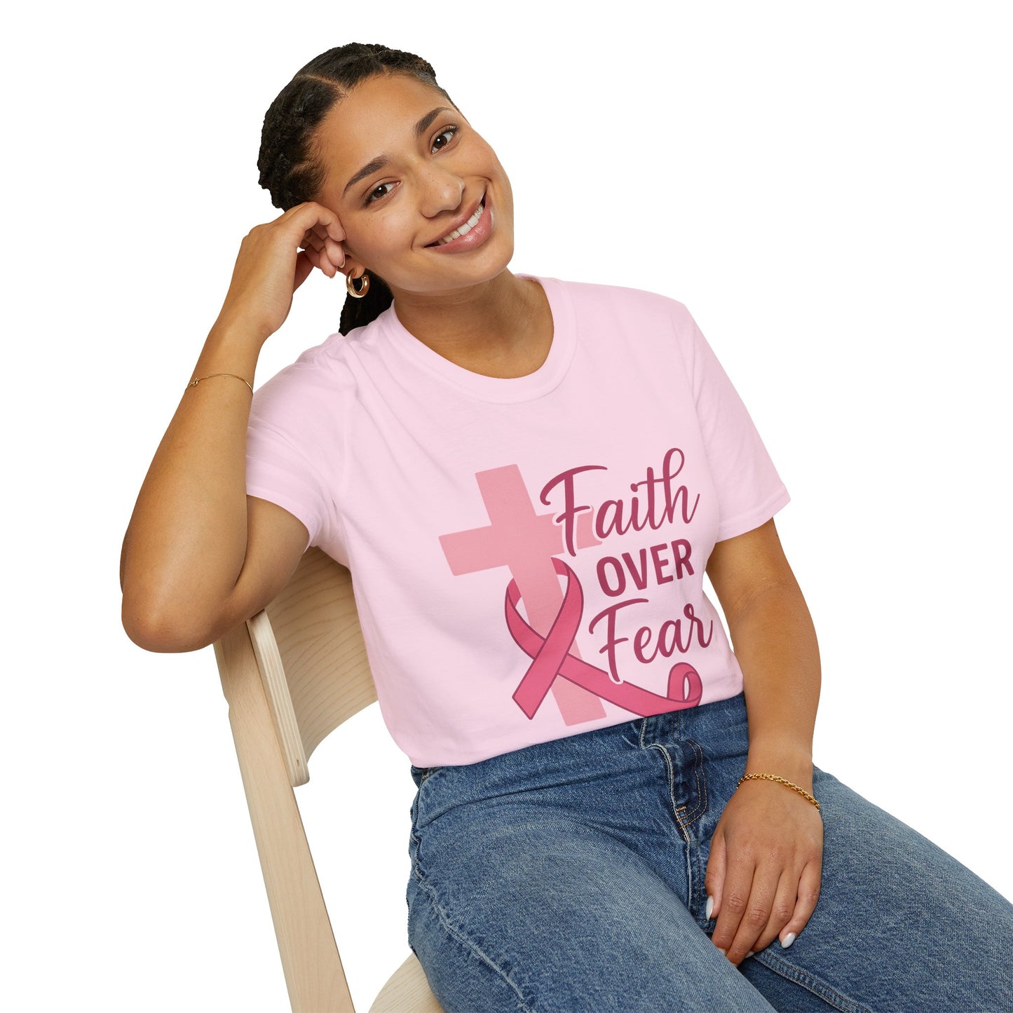 Faith Over Fear Shirt | Breast Cancer Awareness Christian Tee with Cross & Pink Ribbon