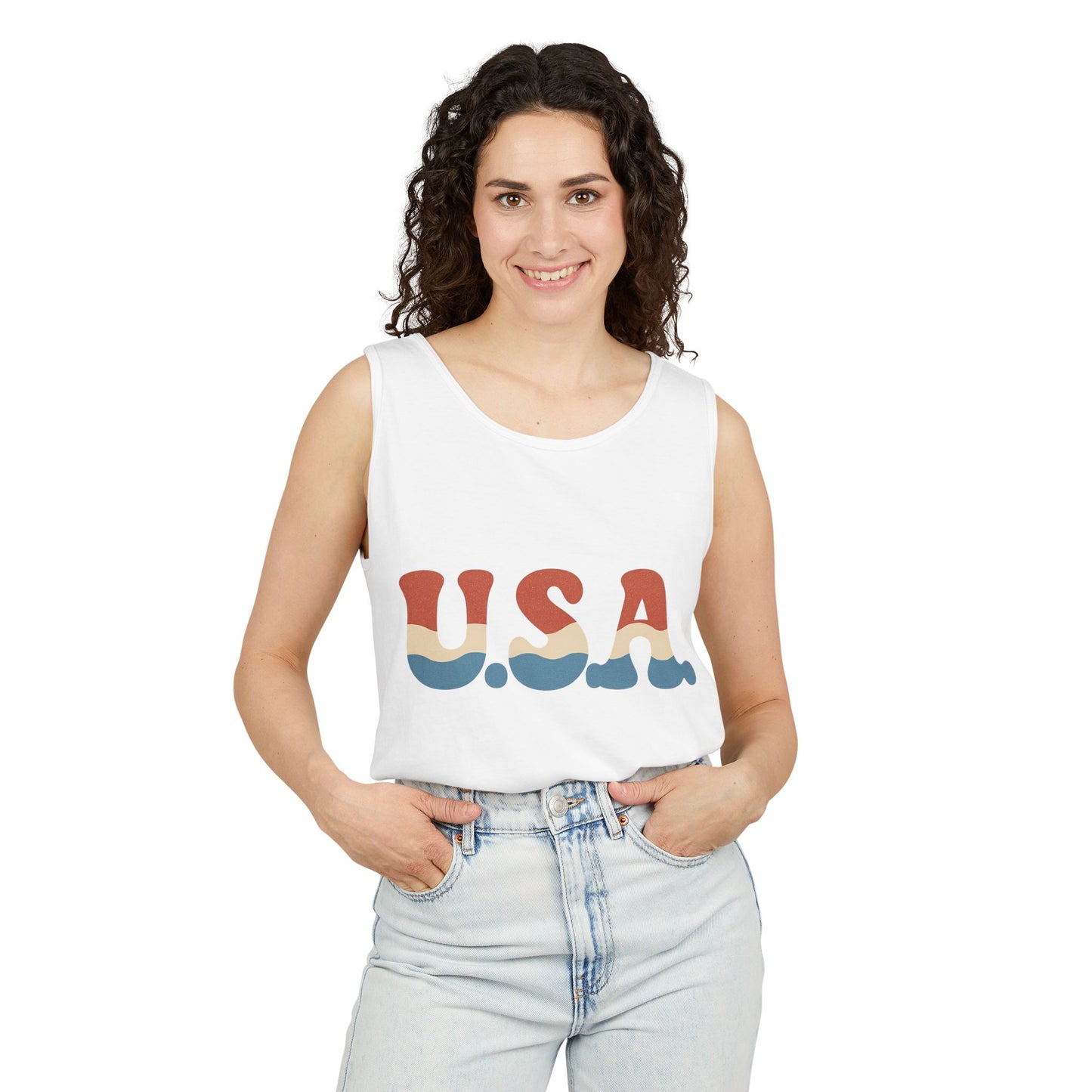 Retro USA Tank Top | Wavy Red White & Blue 70s Style Sleeveless