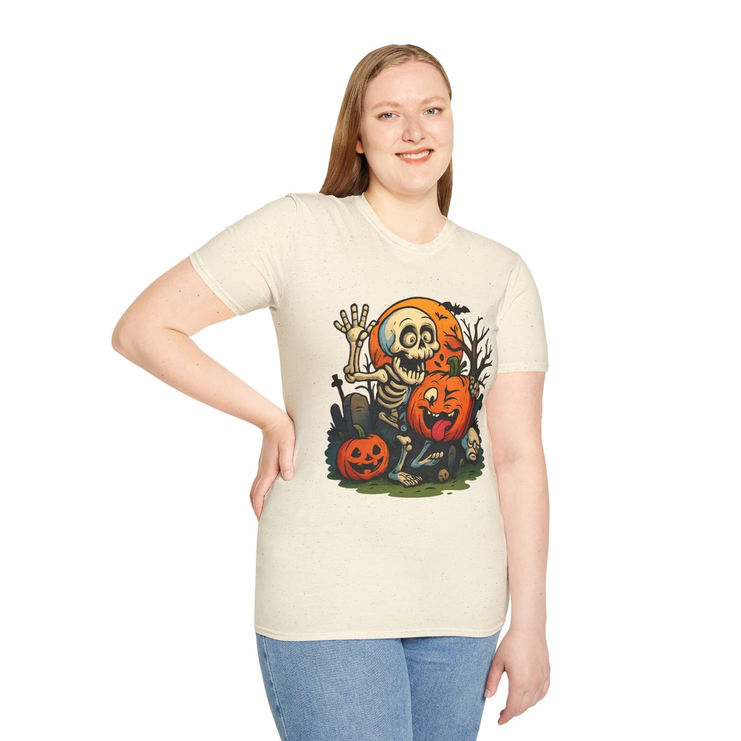 Funny Halloween Skeleton & Pumpkin T-Shirt – Cute Spooky Comic Design