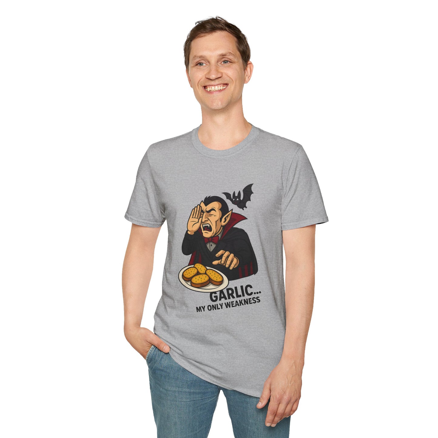 Garlic Weakness Vampire T-Shirt, Funny Halloween Humor Shirt, Unisex Graphic Tee, Spooky Gift Idea, Casual Party Wear