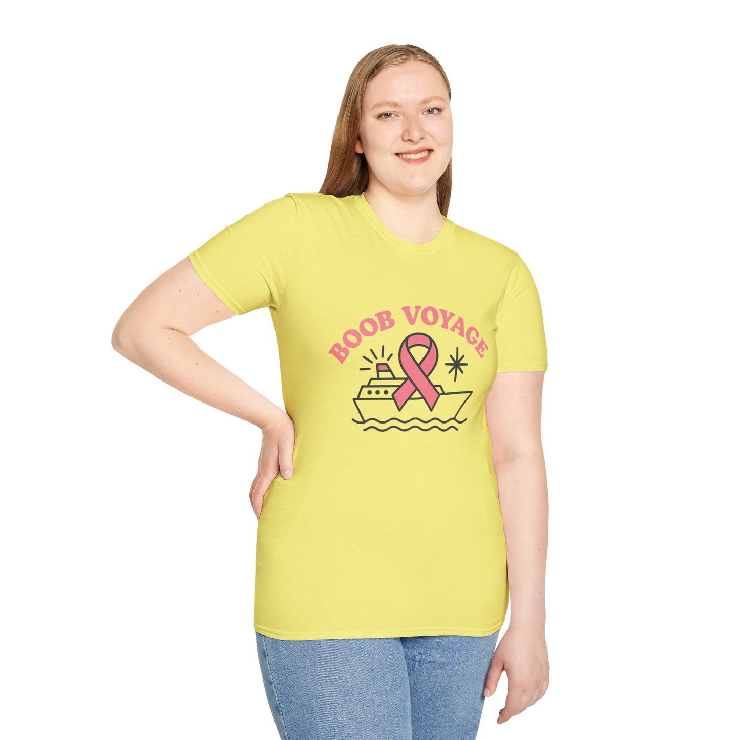 Boob Voyage T-Shirt | Funny Mastectomy Support Tee with Pink Ribbon and Cruise Ship
