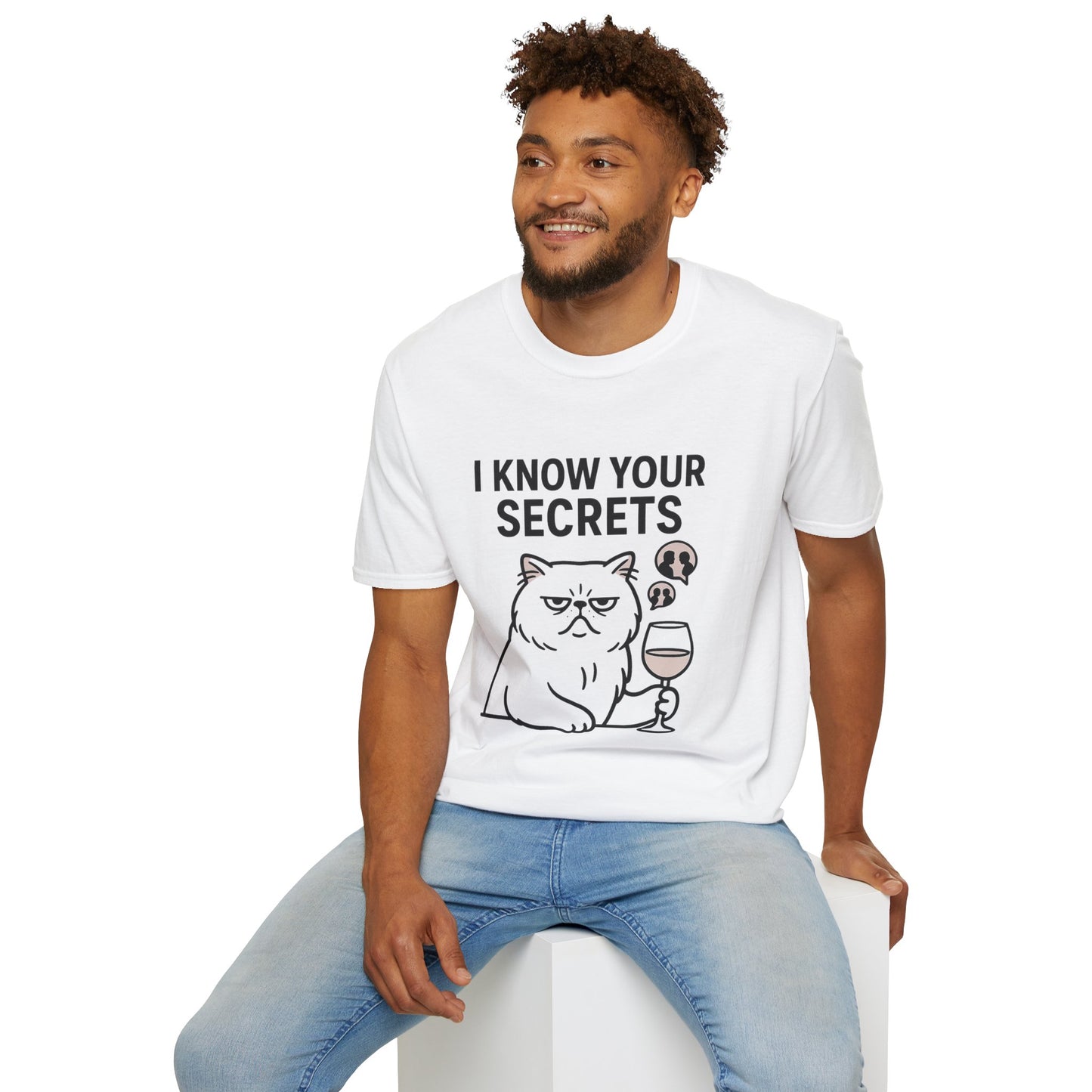 "I Know Your Secrets" Wine Cat T-Shirt, Humor Shirt, Gift for Cat Lovers, Cute Animal Tee, Unique Graphic T-Shirt