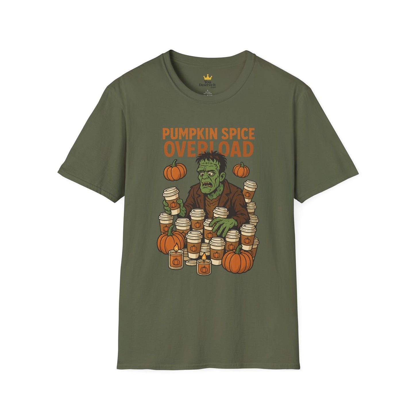 Pumpkin Spice Overload – Funny Frankenstein Halloween Coffee Lover T-Shirt