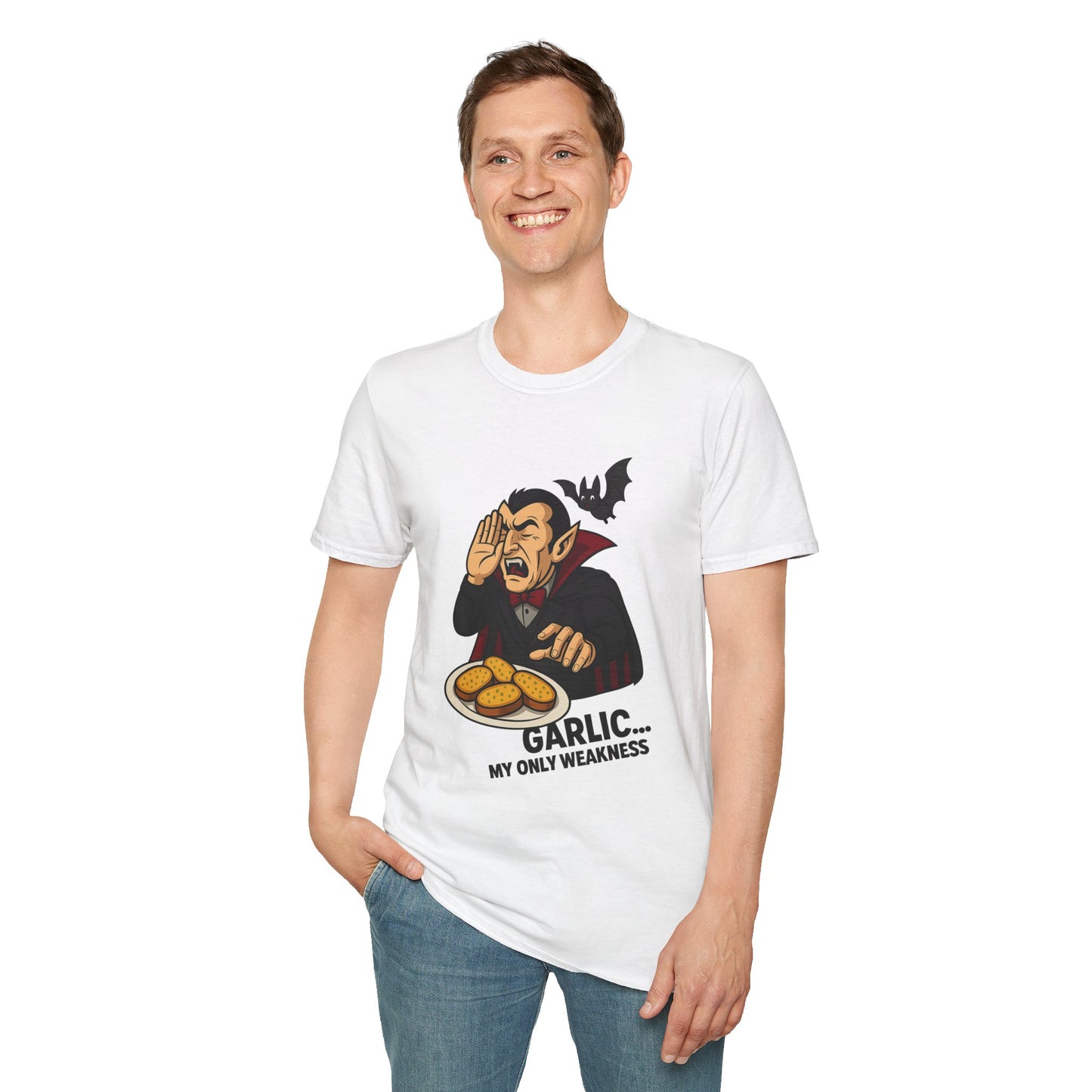 Garlic Weakness Vampire T-Shirt, Funny Halloween Humor Shirt, Unisex Graphic Tee, Spooky Gift Idea, Casual Party Wear