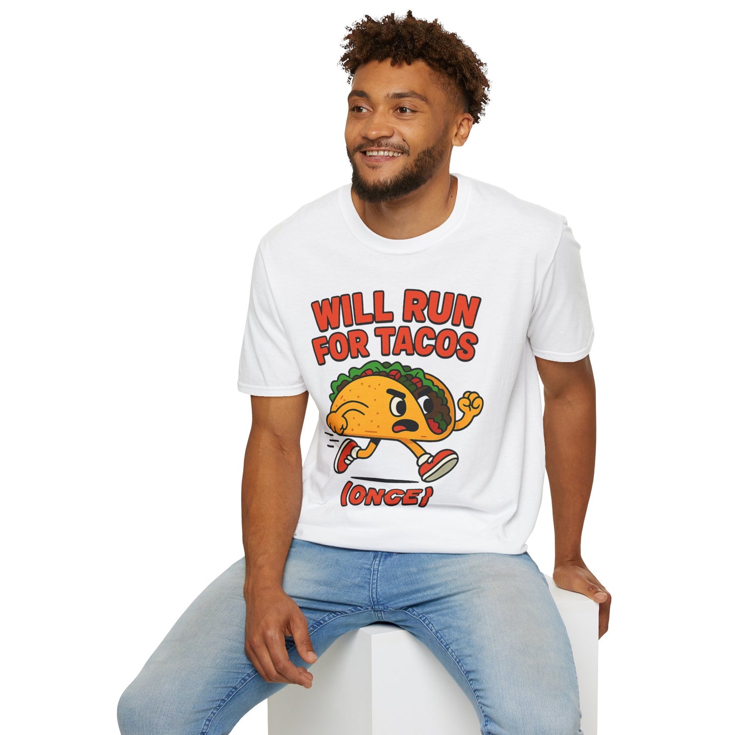 Will Run for Tacos (Once) – Funny Cartoon Taco Running Shoes T-Shirt