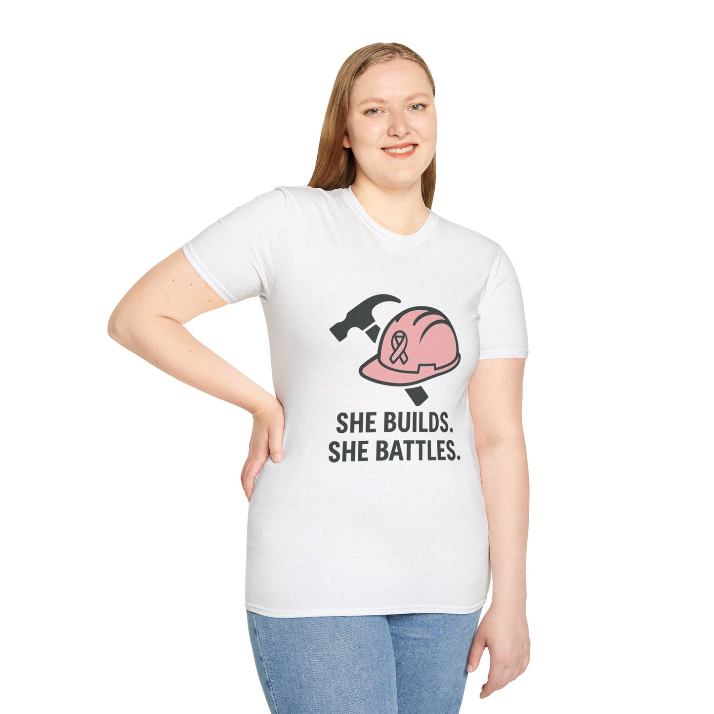 She Builds. She Battles. | Pink Ribbon Hard Hat Tee