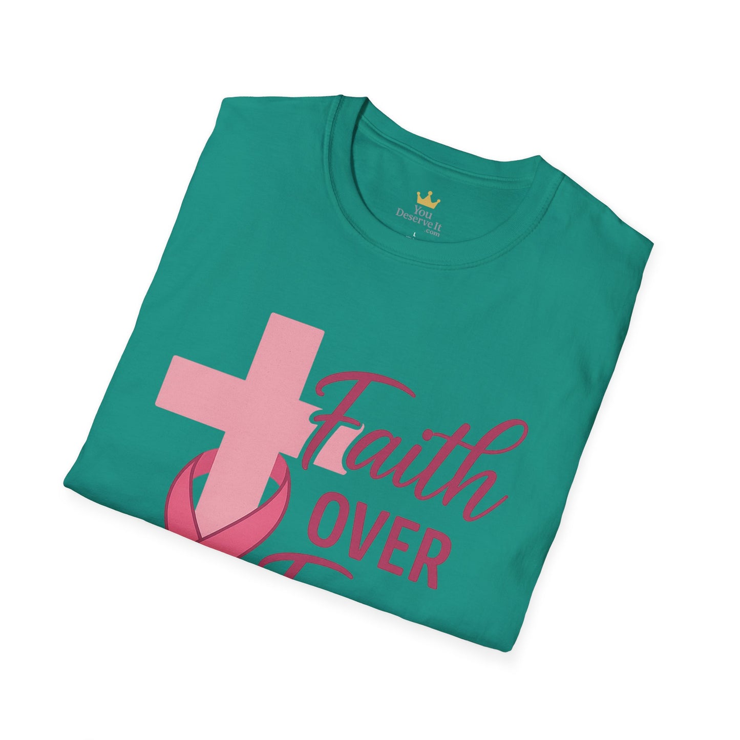 Faith Over Fear Shirt | Breast Cancer Awareness Christian Tee with Cross & Pink Ribbon
