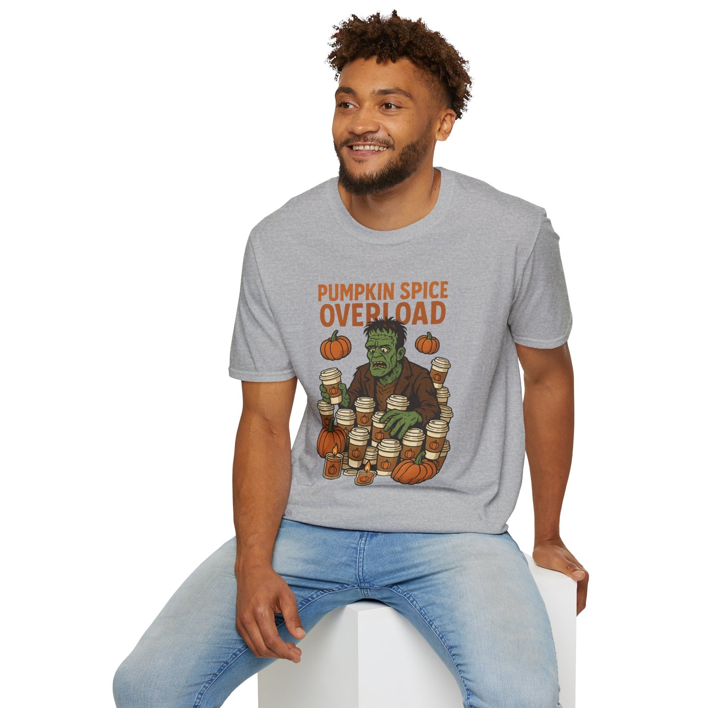 Pumpkin Spice Overload – Funny Frankenstein Halloween Coffee Lover T-Shirt