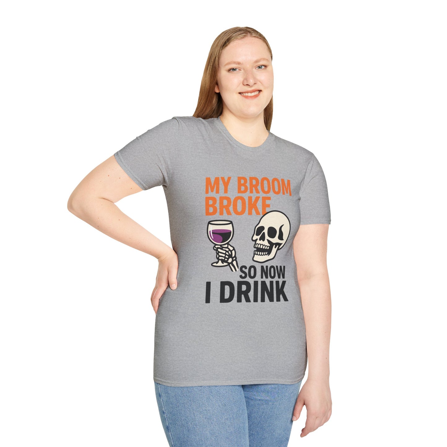 Funny Halloween Shirt – “My Broom Broke So Now I Drink” Sarcastic Graphic Tee