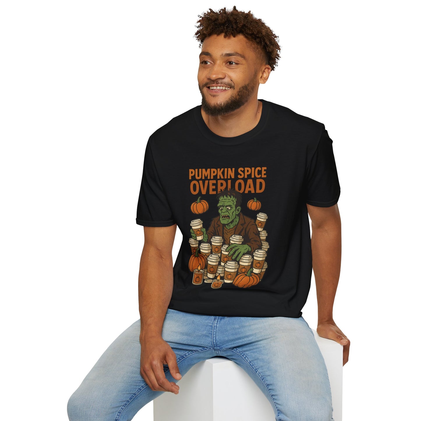Pumpkin Spice Overload – Funny Frankenstein Halloween Coffee Lover T-Shirt