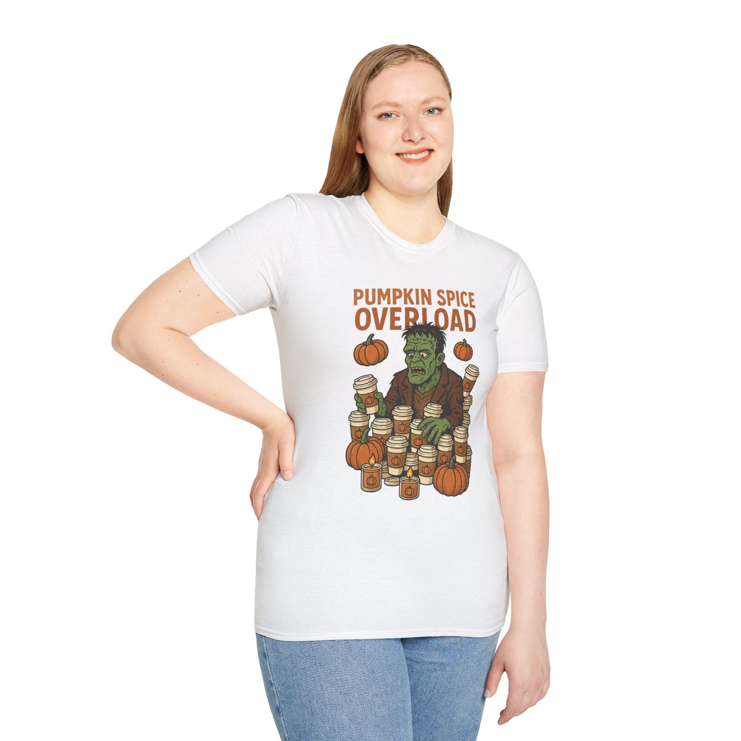 Pumpkin Spice Overload – Funny Frankenstein Halloween Coffee Lover T-Shirt