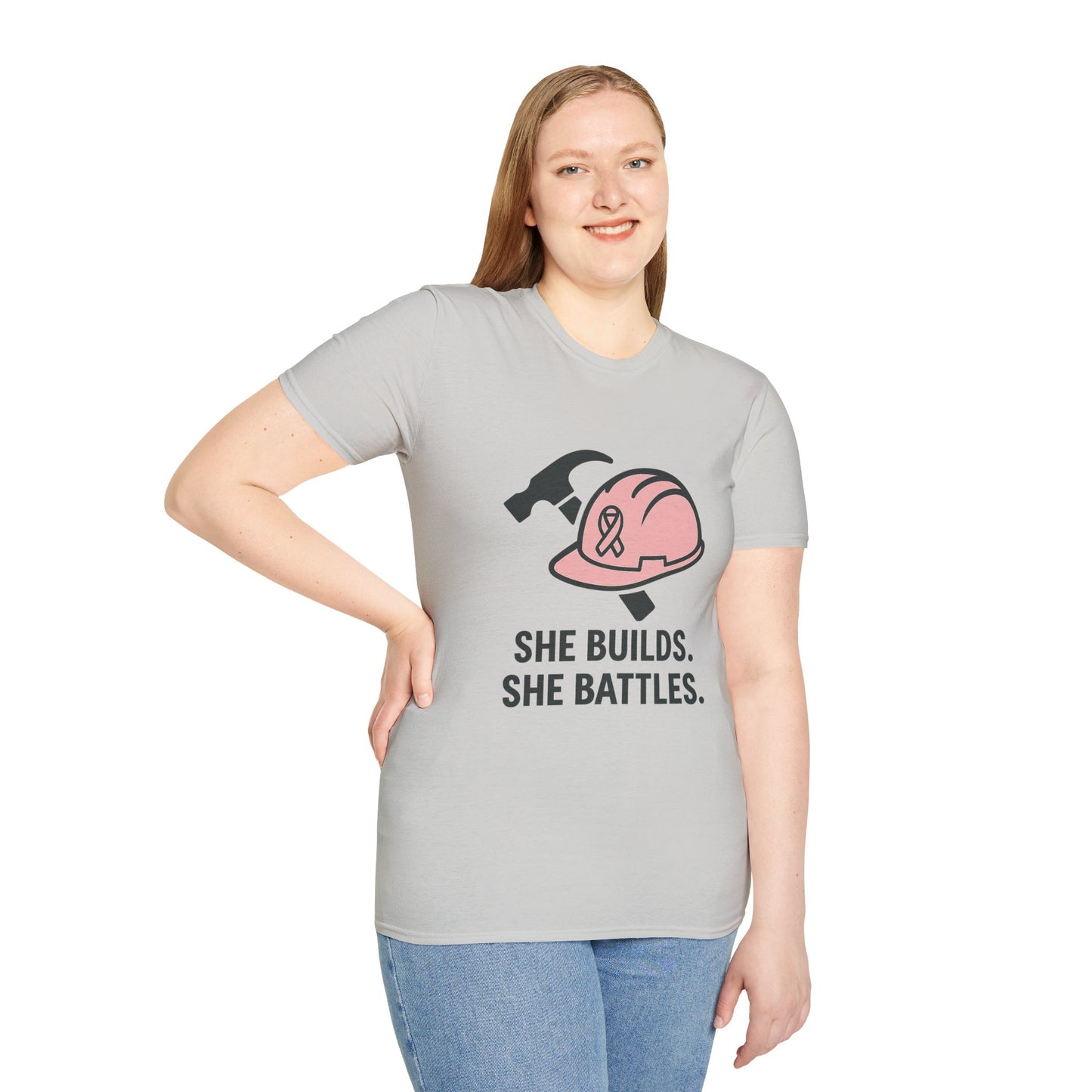 She Builds. She Battles. | Pink Ribbon Hard Hat Tee