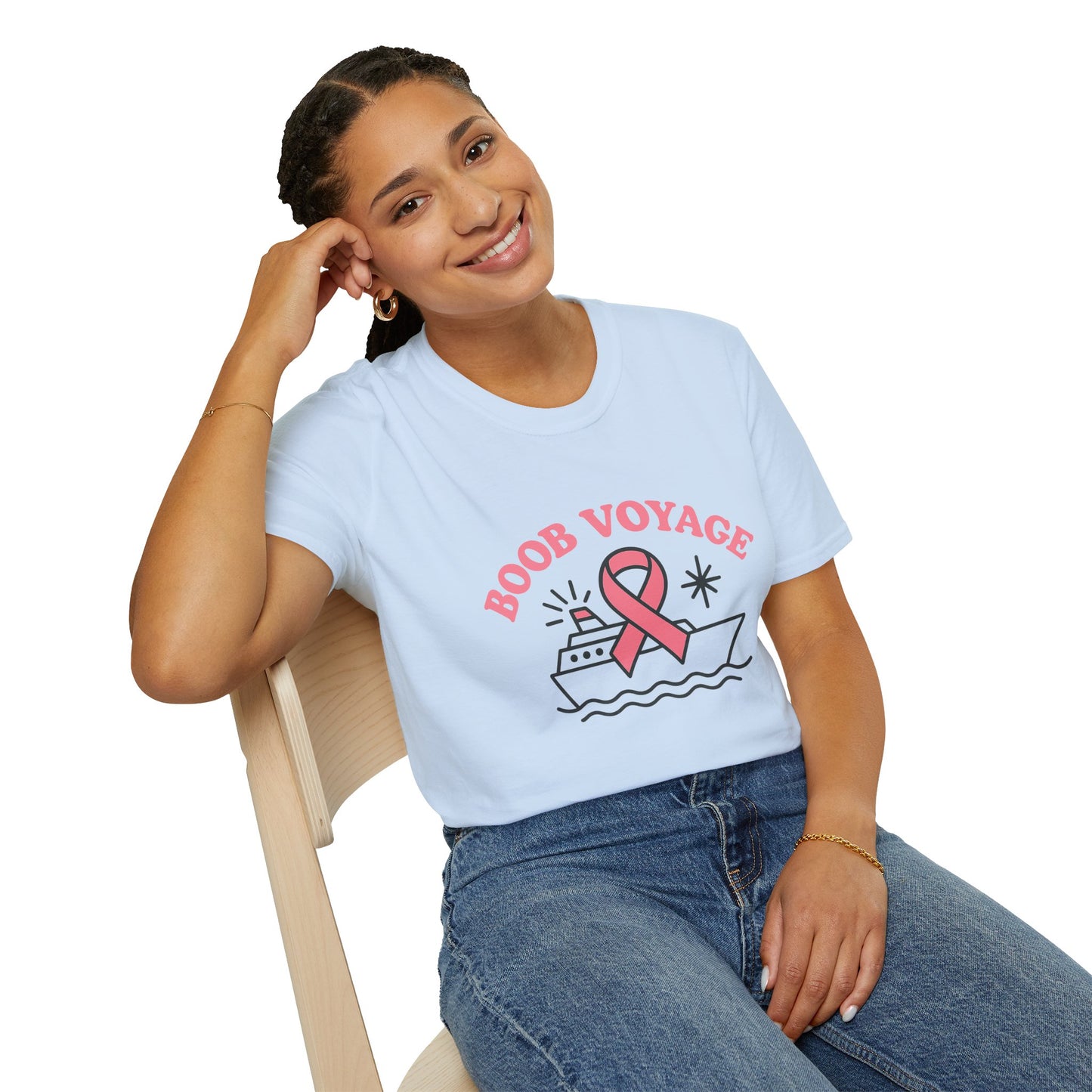 Boob Voyage T-Shirt | Funny Mastectomy Support Tee with Pink Ribbon and Cruise Ship
