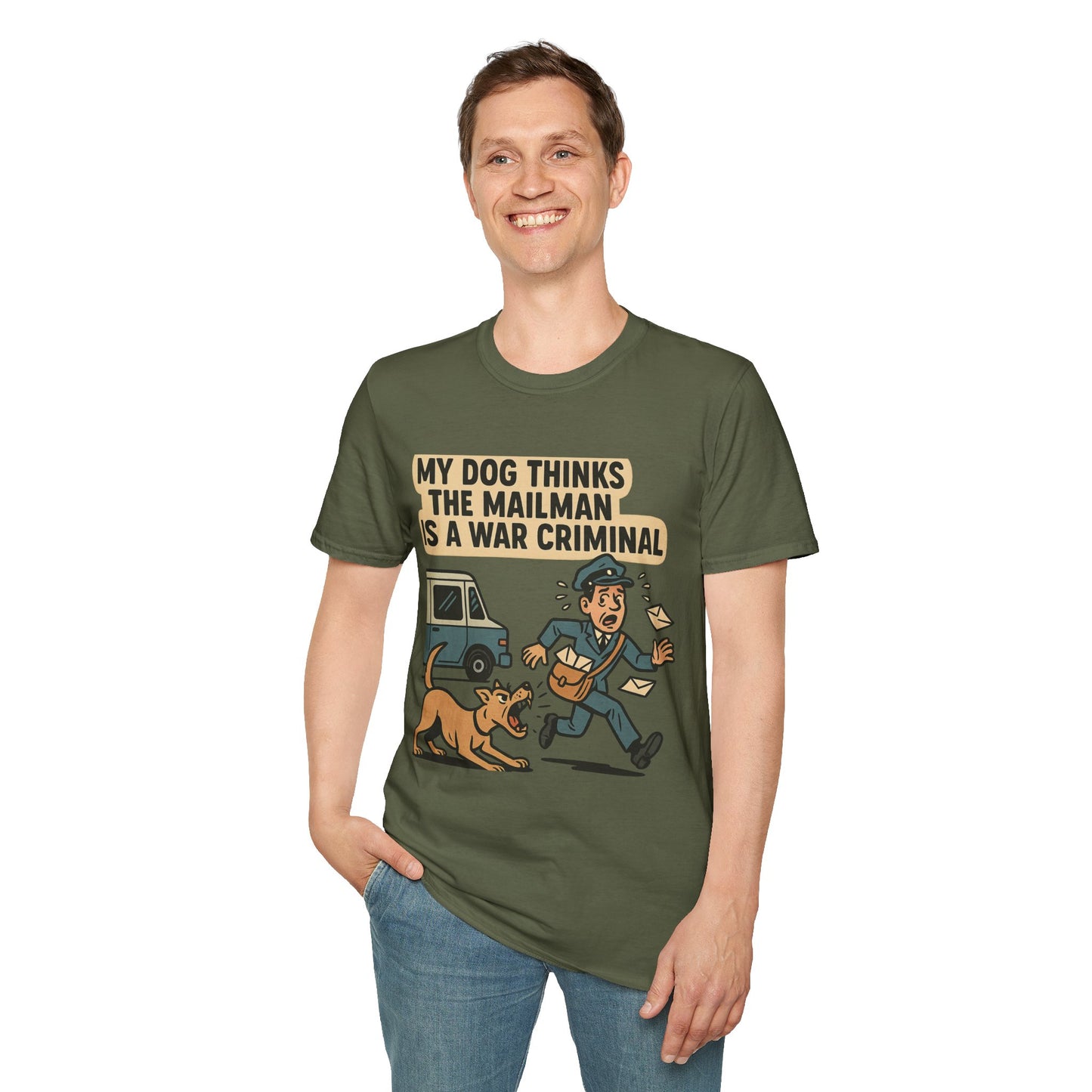 My Dog Thinks the Mailman Is a War Criminal – Funny Retro Comic Dog Owner T-Shirt