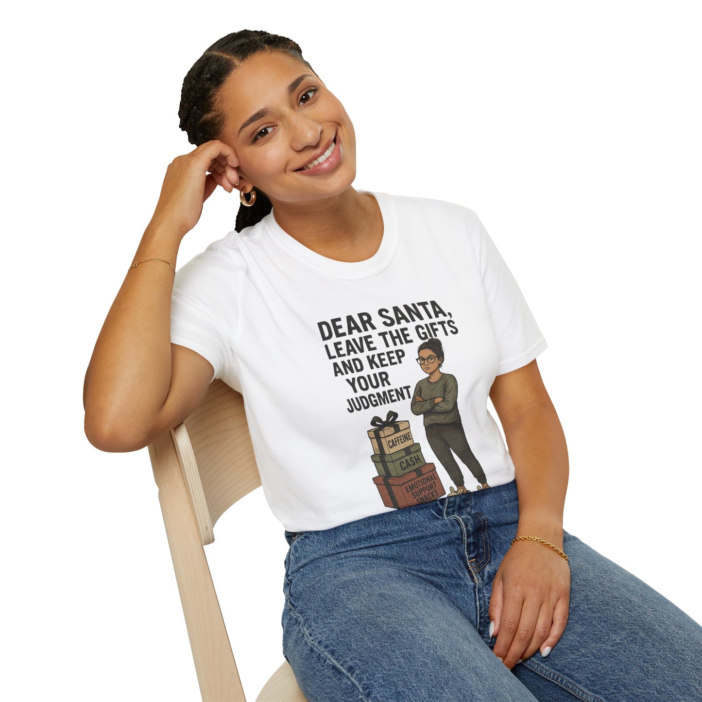 Dear Santa Leave the Gifts Shirt | Funny Christmas Pajama Tee | Sass & Snacks Holiday Graphic | Caffeine Cash Emotional Support T-Shirt