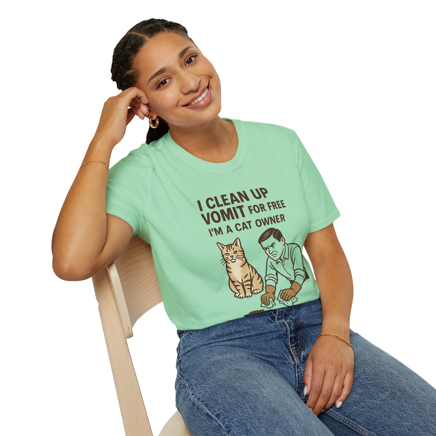 I Clean Up Vomit for Free Funny Cat Owner T-Shirt | Retro Pet Humor Tee