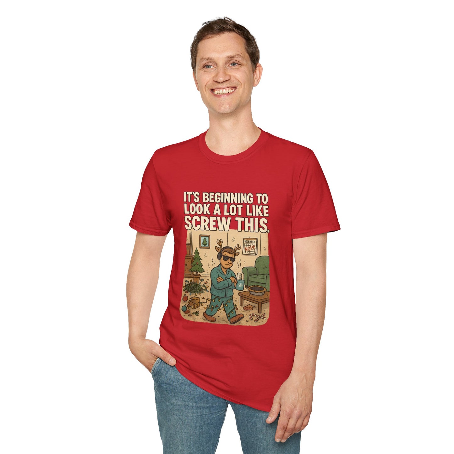 Grumpy Reindeer Christmas Shirt | "It's Beginning to Look a Lot Like Screw This" Funny Holiday Pajama Tee | Introvert Christmas Graphic Tee