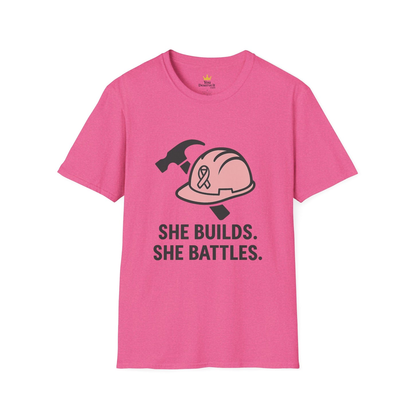 She Builds. She Battles. | Pink Ribbon Hard Hat Tee