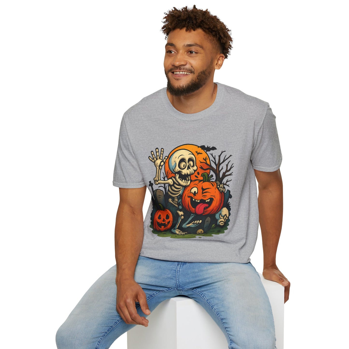 Funny Halloween Skeleton & Pumpkin T-Shirt – Cute Spooky Comic Design