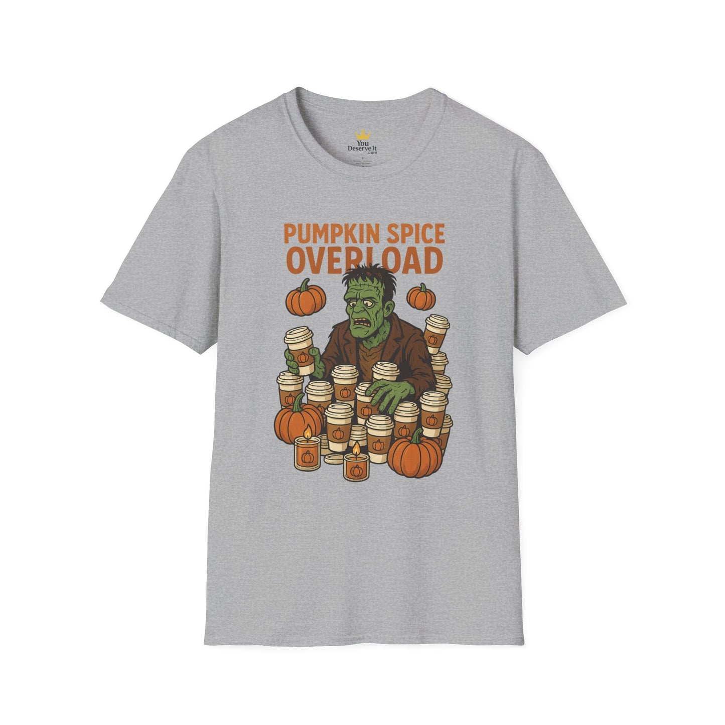Pumpkin Spice Overload – Funny Frankenstein Halloween Coffee Lover T-Shirt