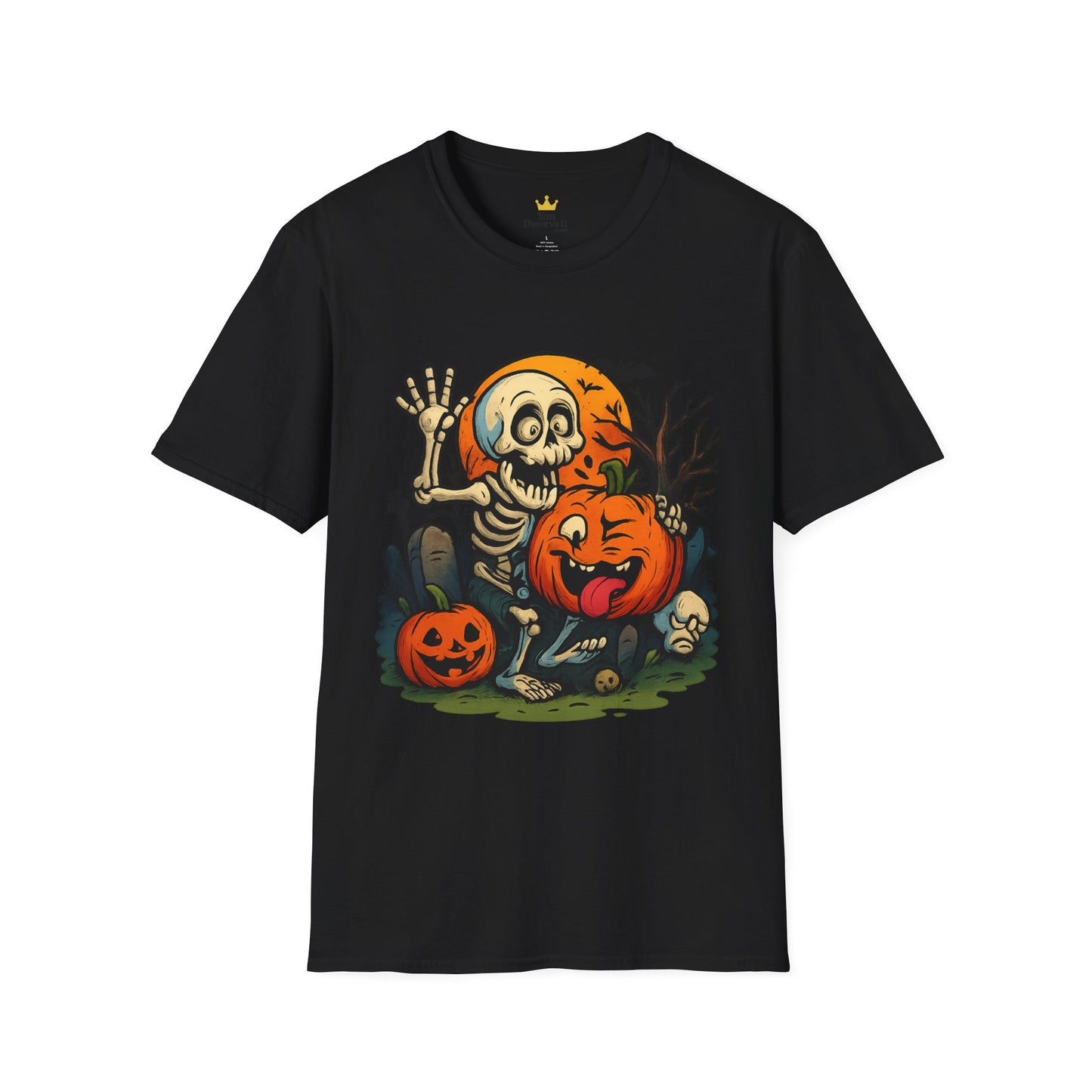 Funny Halloween Skeleton & Pumpkin T-Shirt – Cute Spooky Comic Design