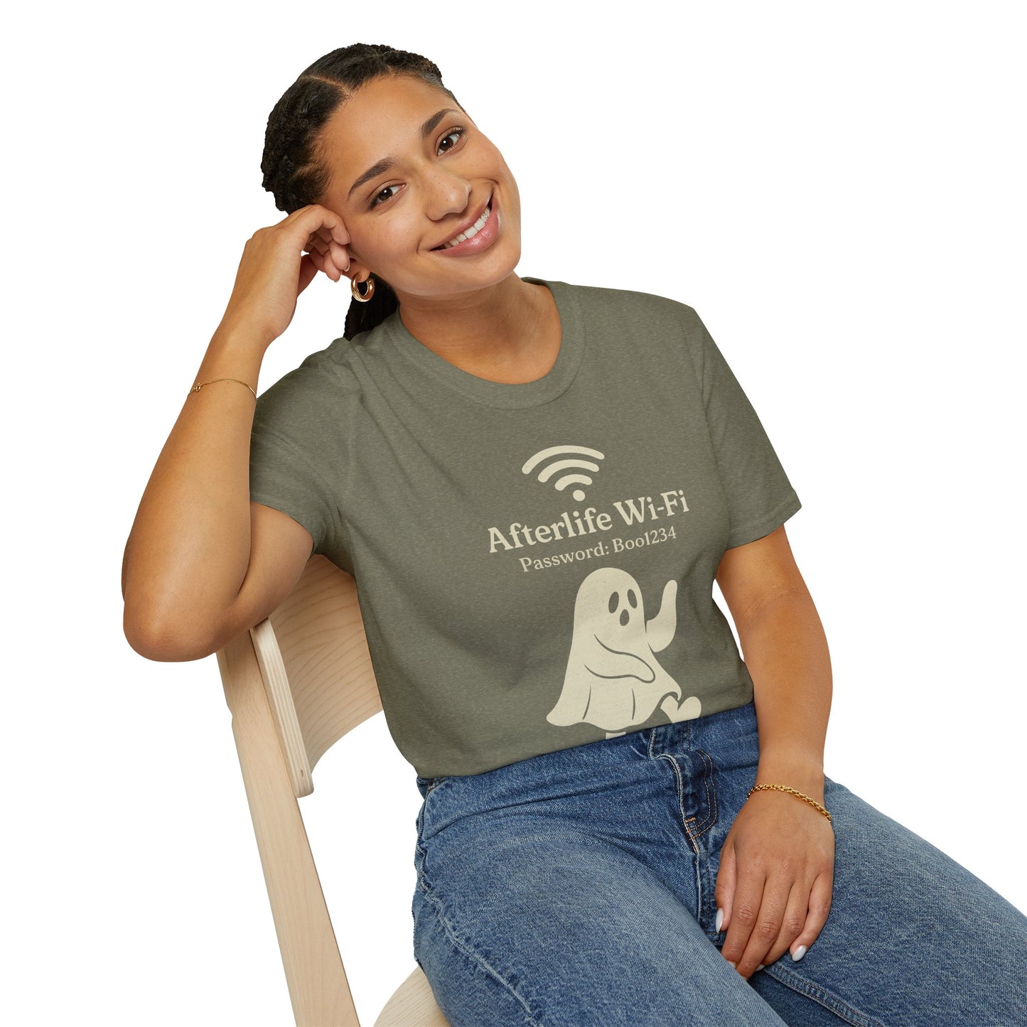 Afterlife Wi-Fi Ghost Tee | Funny Halloween Shirt with "Boo1234" Password