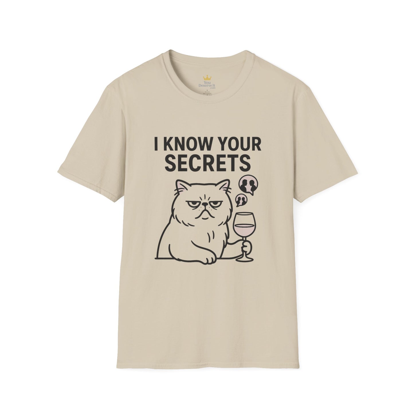 "I Know Your Secrets" Wine Cat T-Shirt, Humor Shirt, Gift for Cat Lovers, Cute Animal Tee, Unique Graphic T-Shirt