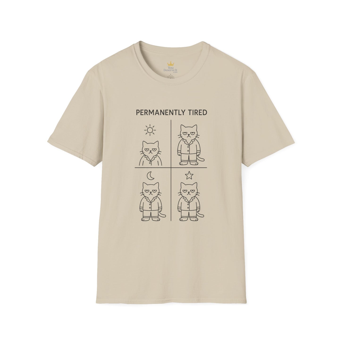 Permanently Tired Grumpy Cat T-Shirt | Minimalist Line Art Pajama Kitty | Unisex Softstyle T-Shirt