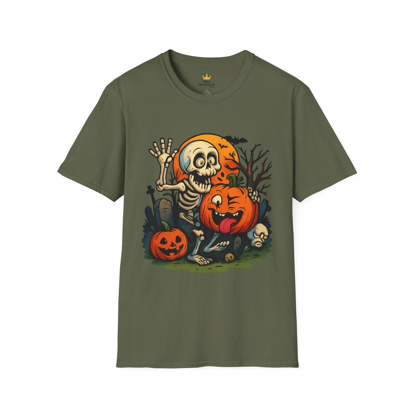 Funny Halloween Skeleton & Pumpkin T-Shirt – Cute Spooky Comic Design