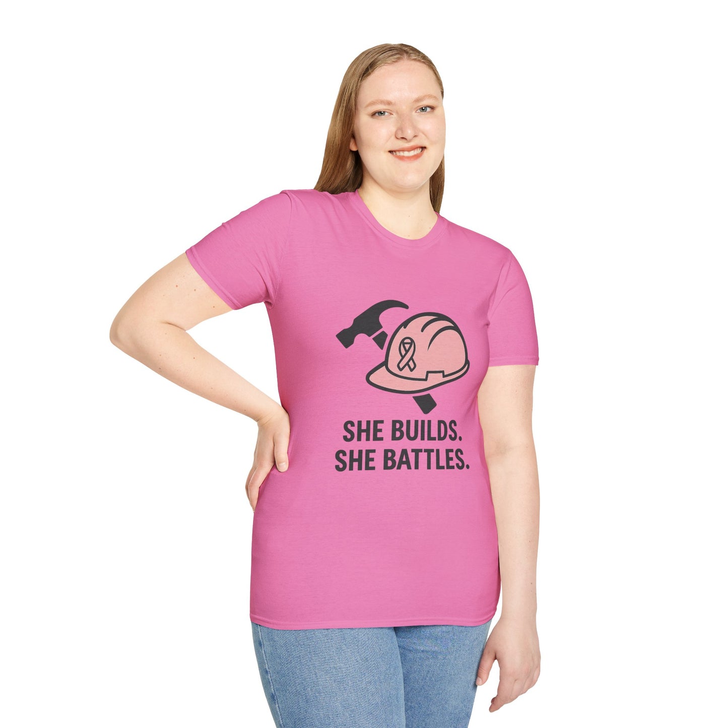 She Builds. She Battles. | Pink Ribbon Hard Hat Tee