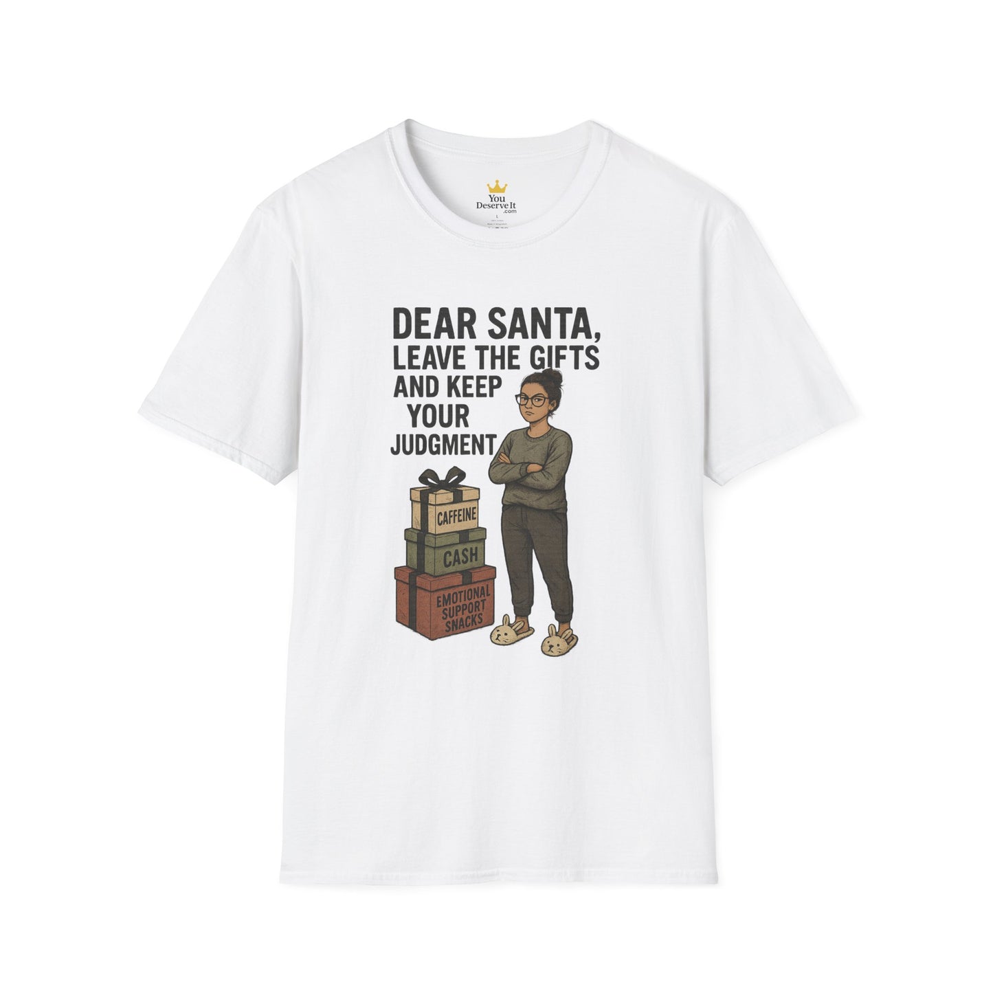 Dear Santa Leave the Gifts Shirt | Funny Christmas Pajama Tee | Sass & Snacks Holiday Graphic | Caffeine Cash Emotional Support T-Shirt
