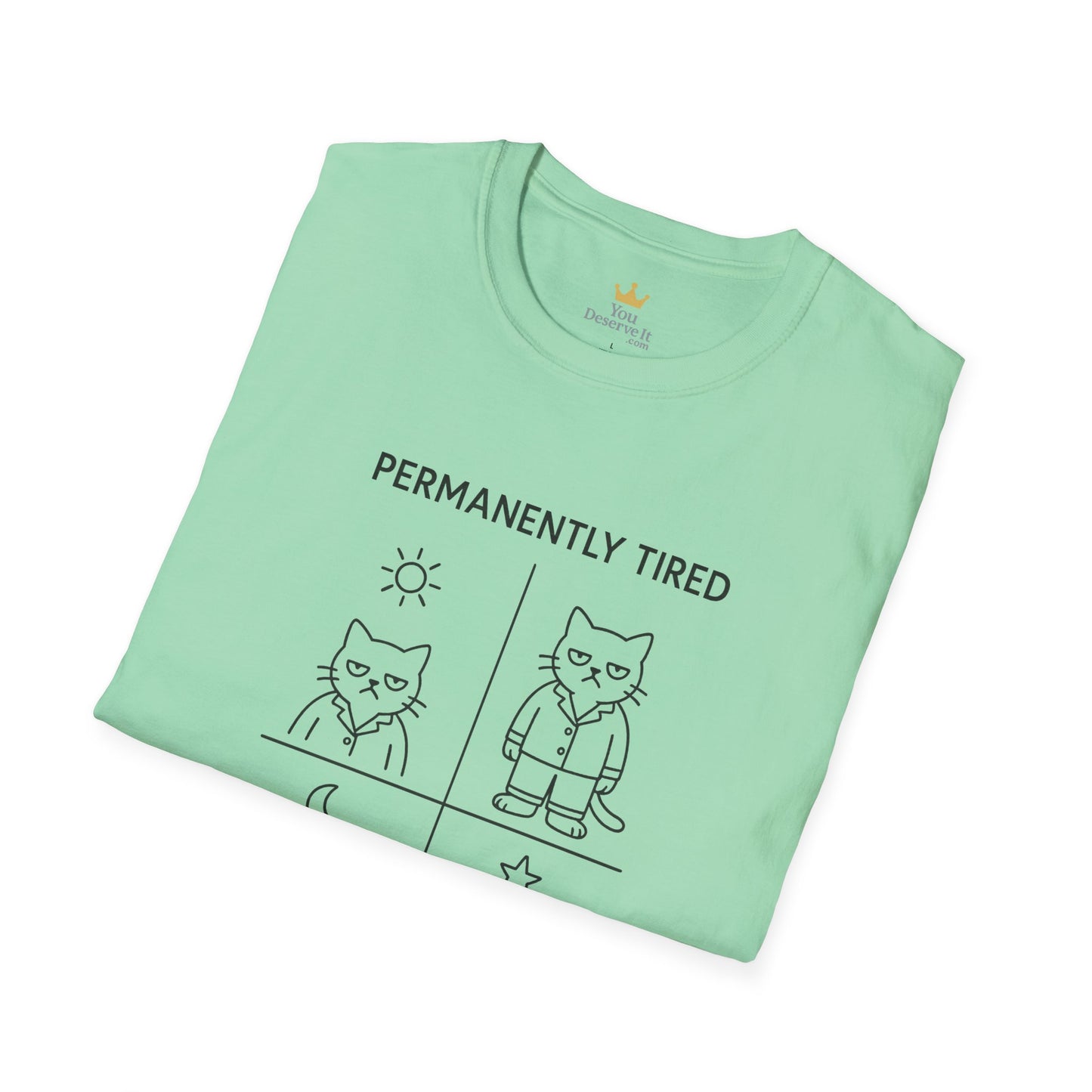 Permanently Tired Grumpy Cat T-Shirt | Minimalist Line Art Pajama Kitty | Unisex Softstyle T-Shirt