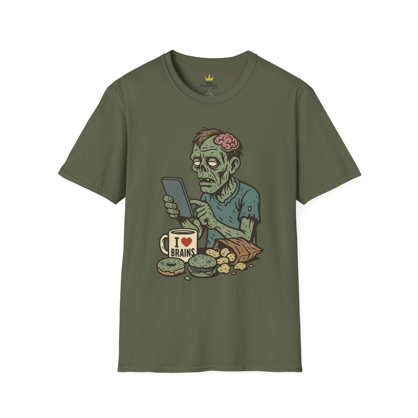 Zombie Social Media Addict – Funny Undead Coffee Mug & Snack Scene T-Shirt