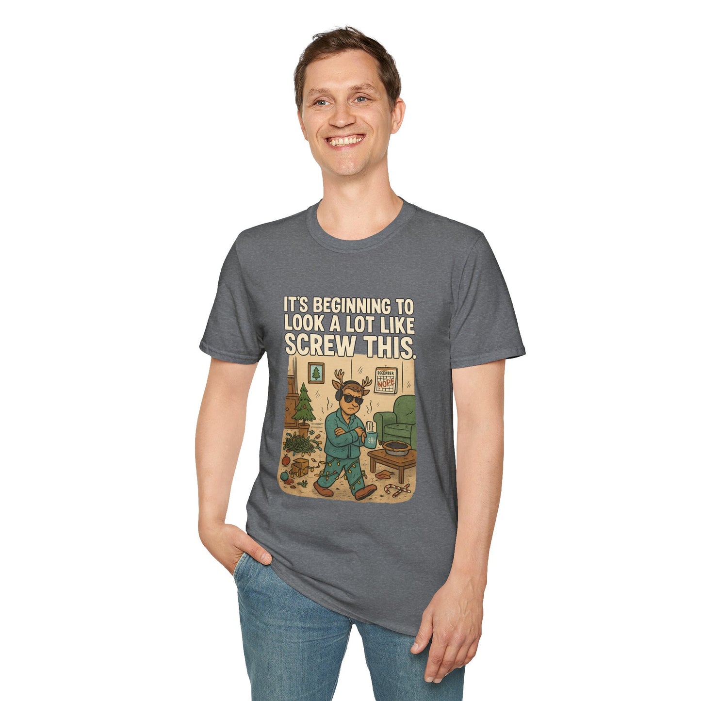 Grumpy Reindeer Christmas Shirt | "It's Beginning to Look a Lot Like Screw This" Funny Holiday Pajama Tee | Introvert Christmas Graphic Tee