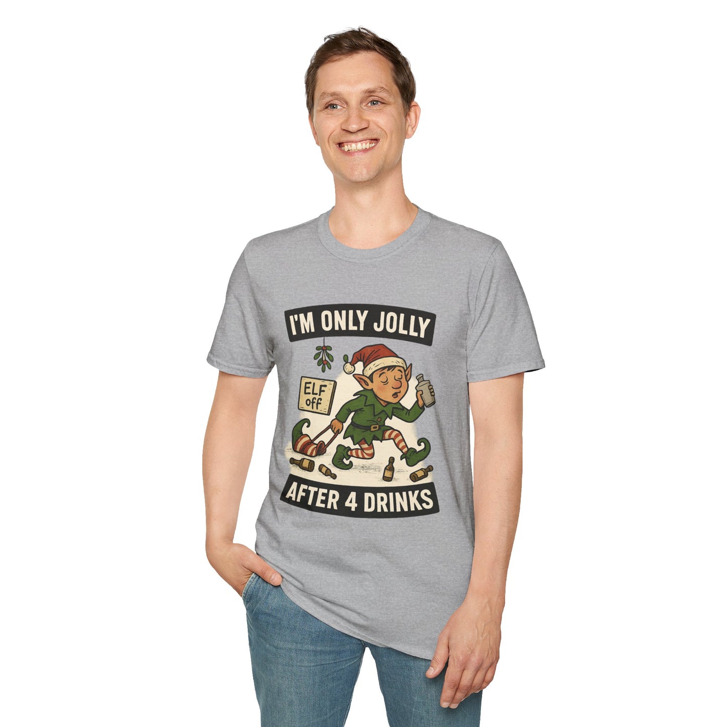 Funny Drunk Elf Christmas Shirt | "I'm Only Jolly After 4 Drinks" Holiday Humor Tee | Naughty Elf Party T-Shirt, Boozy Xmas Graphic Tee