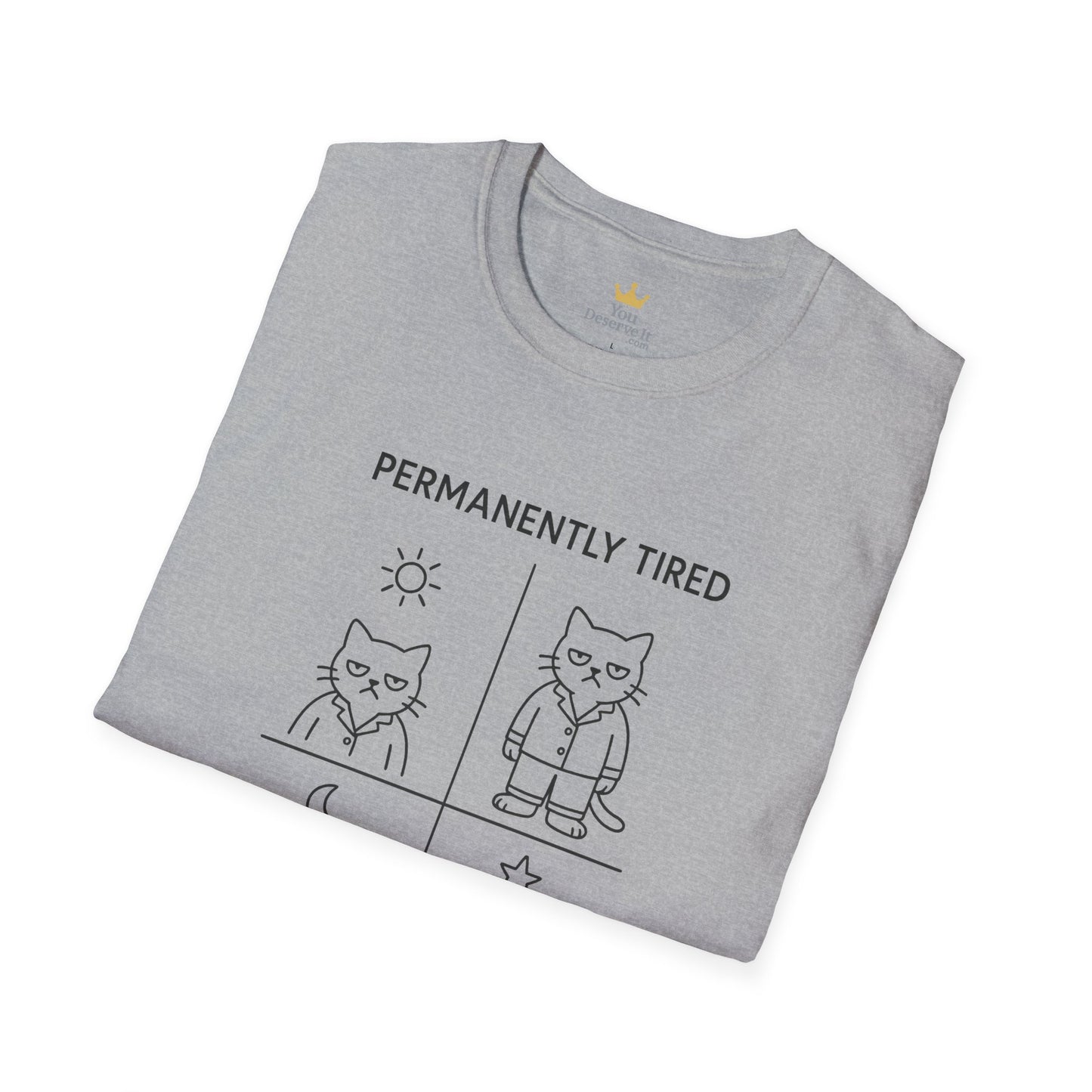 Permanently Tired Grumpy Cat T-Shirt | Minimalist Line Art Pajama Kitty | Unisex Softstyle T-Shirt