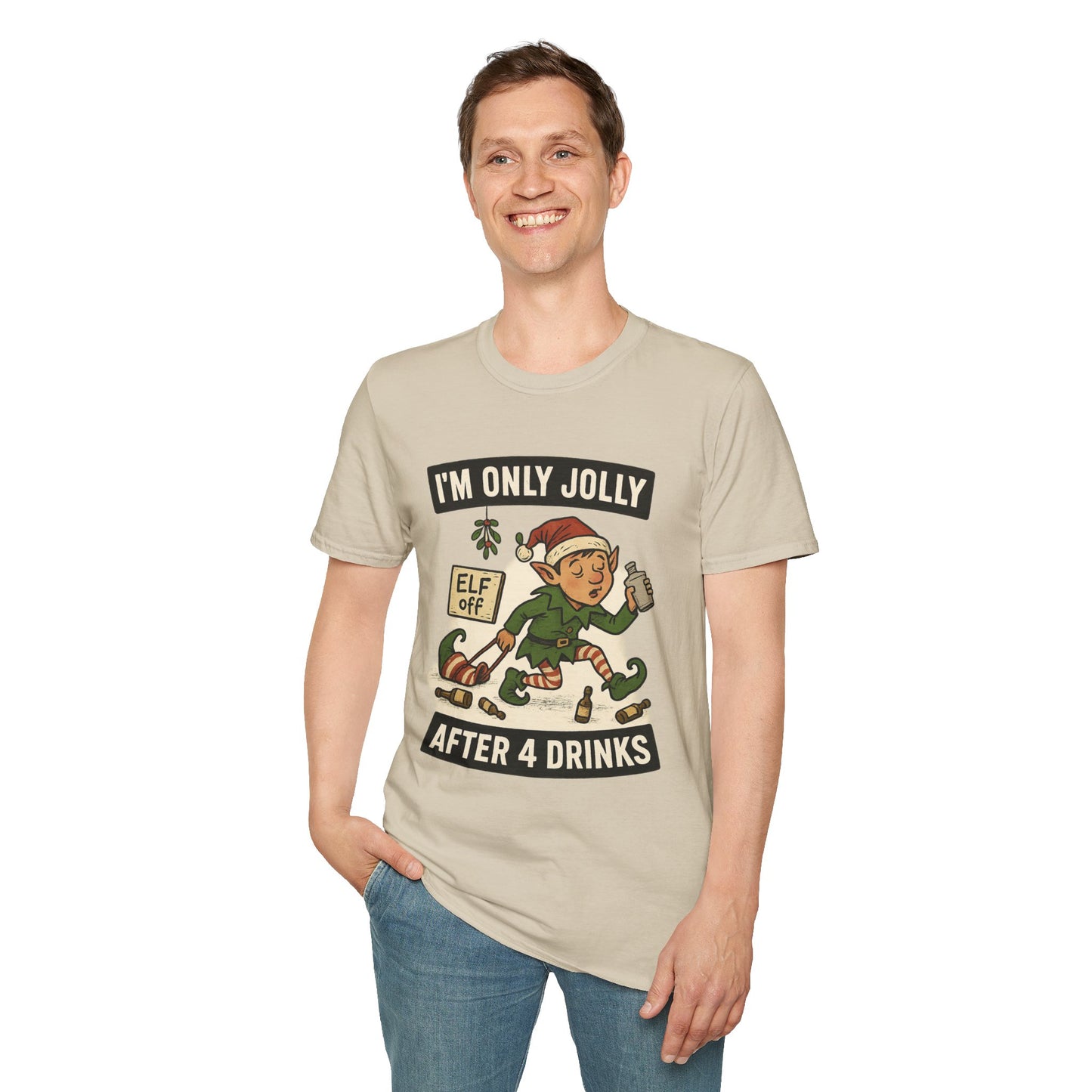Funny Drunk Elf Christmas Shirt | "I'm Only Jolly After 4 Drinks" Holiday Humor Tee | Naughty Elf Party T-Shirt, Boozy Xmas Graphic Tee