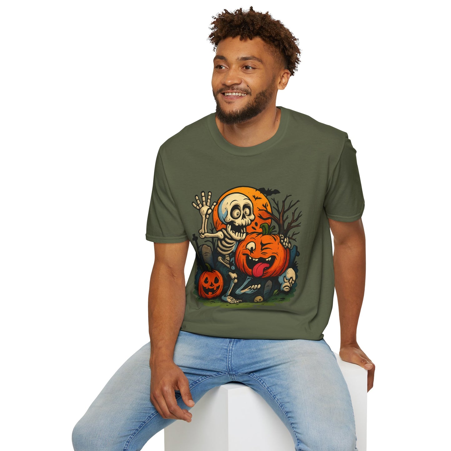 Funny Halloween Skeleton & Pumpkin T-Shirt – Cute Spooky Comic Design
