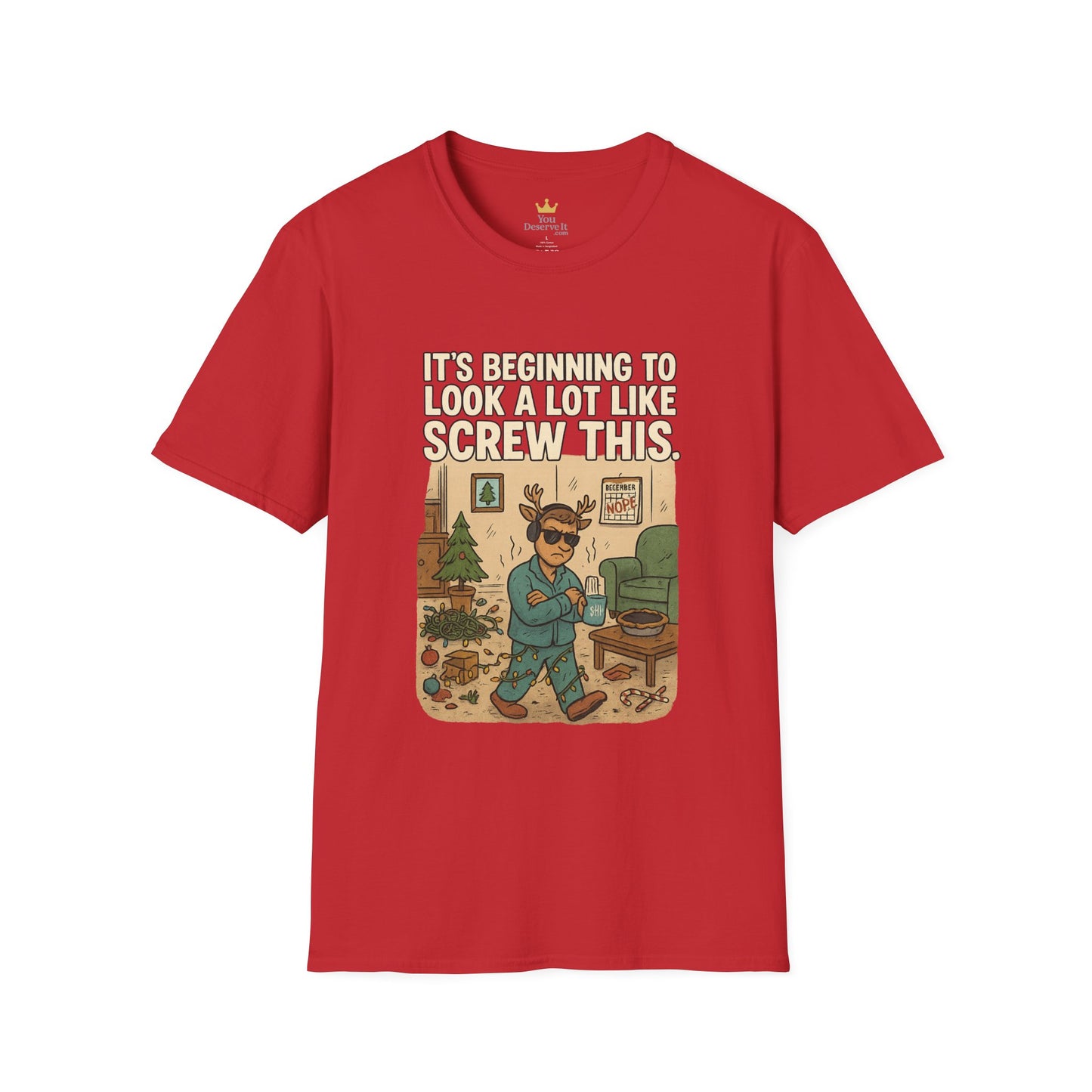 Grumpy Reindeer Christmas Shirt | "It's Beginning to Look a Lot Like Screw This" Funny Holiday Pajama Tee | Introvert Christmas Graphic Tee