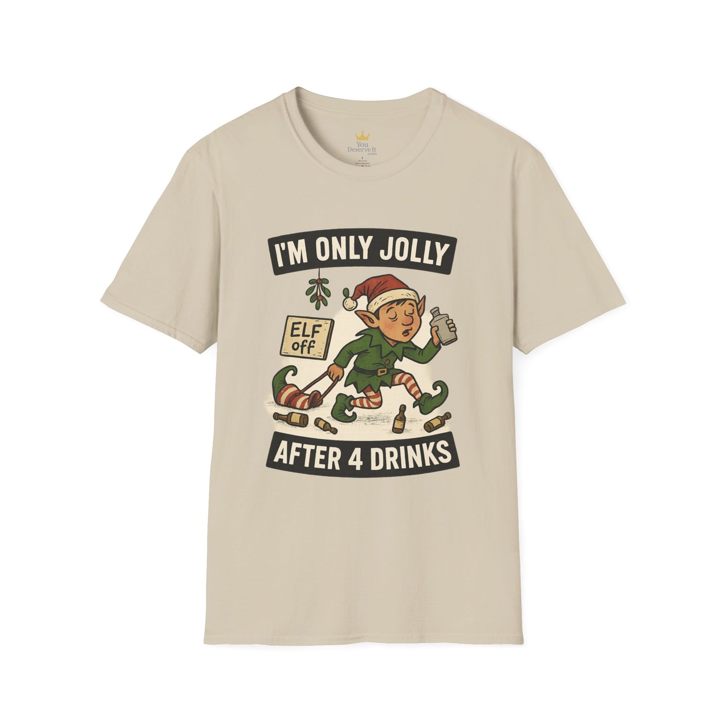Funny Drunk Elf Christmas Shirt | "I'm Only Jolly After 4 Drinks" Holiday Humor Tee | Naughty Elf Party T-Shirt, Boozy Xmas Graphic Tee