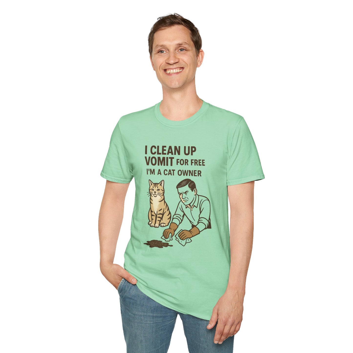I Clean Up Vomit for Free Funny Cat Owner T-Shirt | Retro Pet Humor Tee