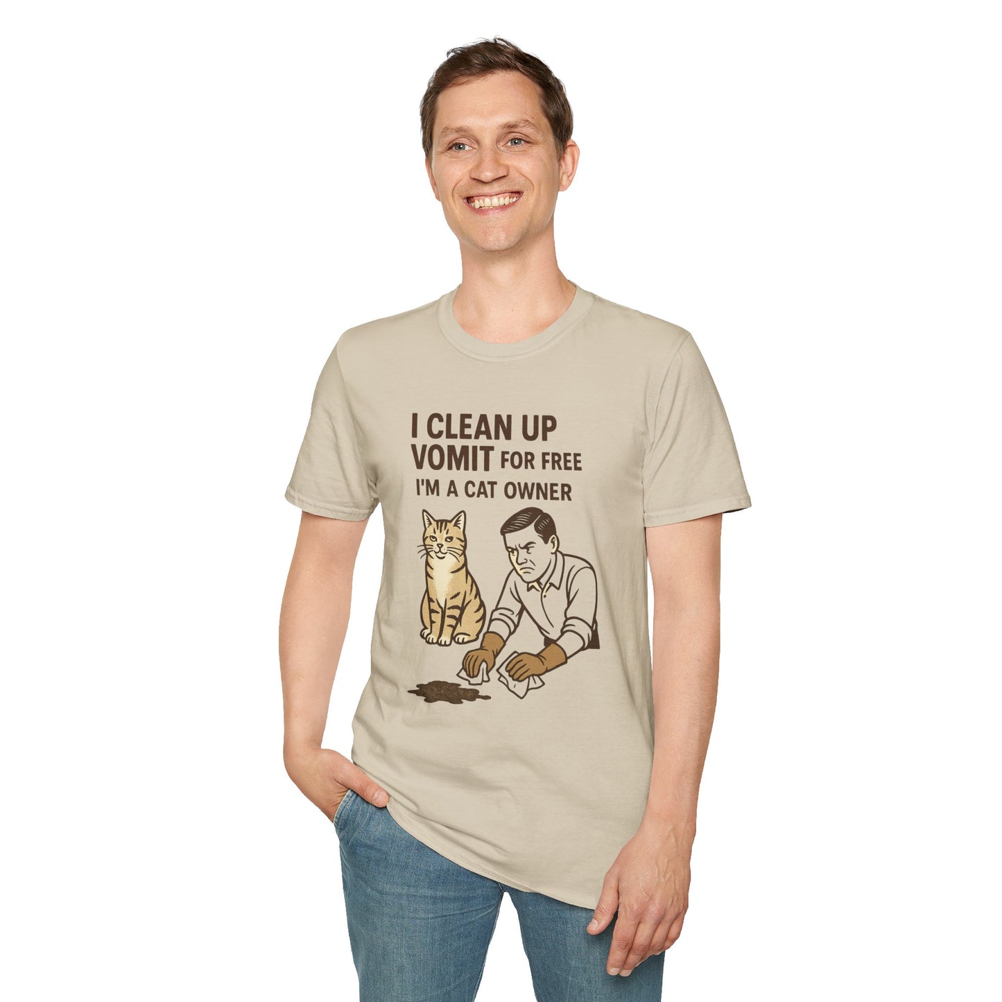 I Clean Up Vomit for Free Funny Cat Owner T-Shirt | Retro Pet Humor Tee