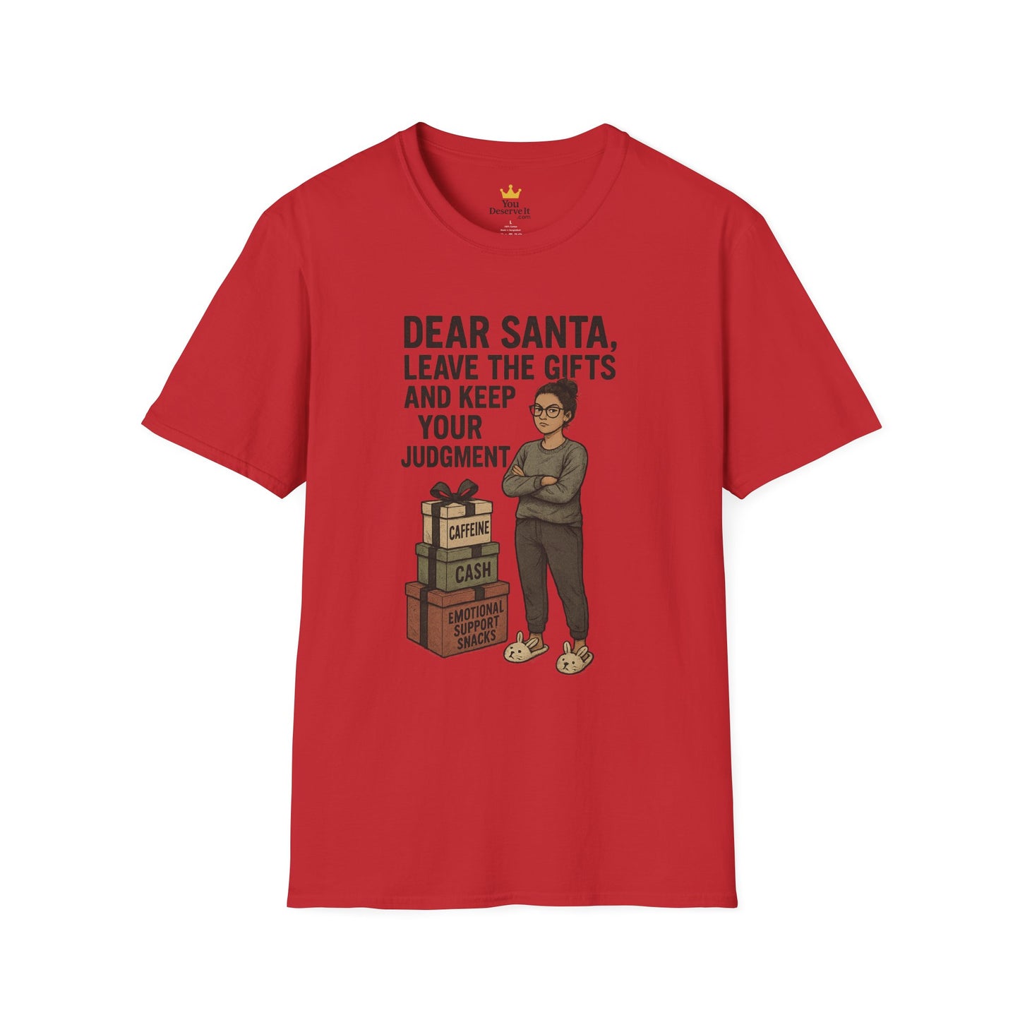 Dear Santa Leave the Gifts Shirt | Funny Christmas Pajama Tee | Sass & Snacks Holiday Graphic | Caffeine Cash Emotional Support T-Shirt