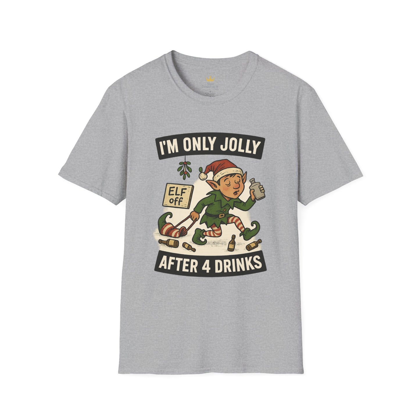 Funny Drunk Elf Christmas Shirt | "I'm Only Jolly After 4 Drinks" Holiday Humor Tee | Naughty Elf Party T-Shirt, Boozy Xmas Graphic Tee