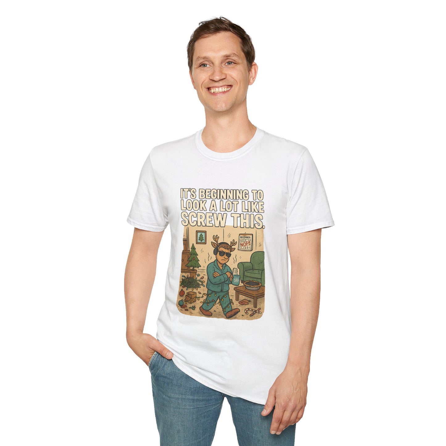 Grumpy Reindeer Christmas Shirt | "It's Beginning to Look a Lot Like Screw This" Funny Holiday Pajama Tee | Introvert Christmas Graphic Tee