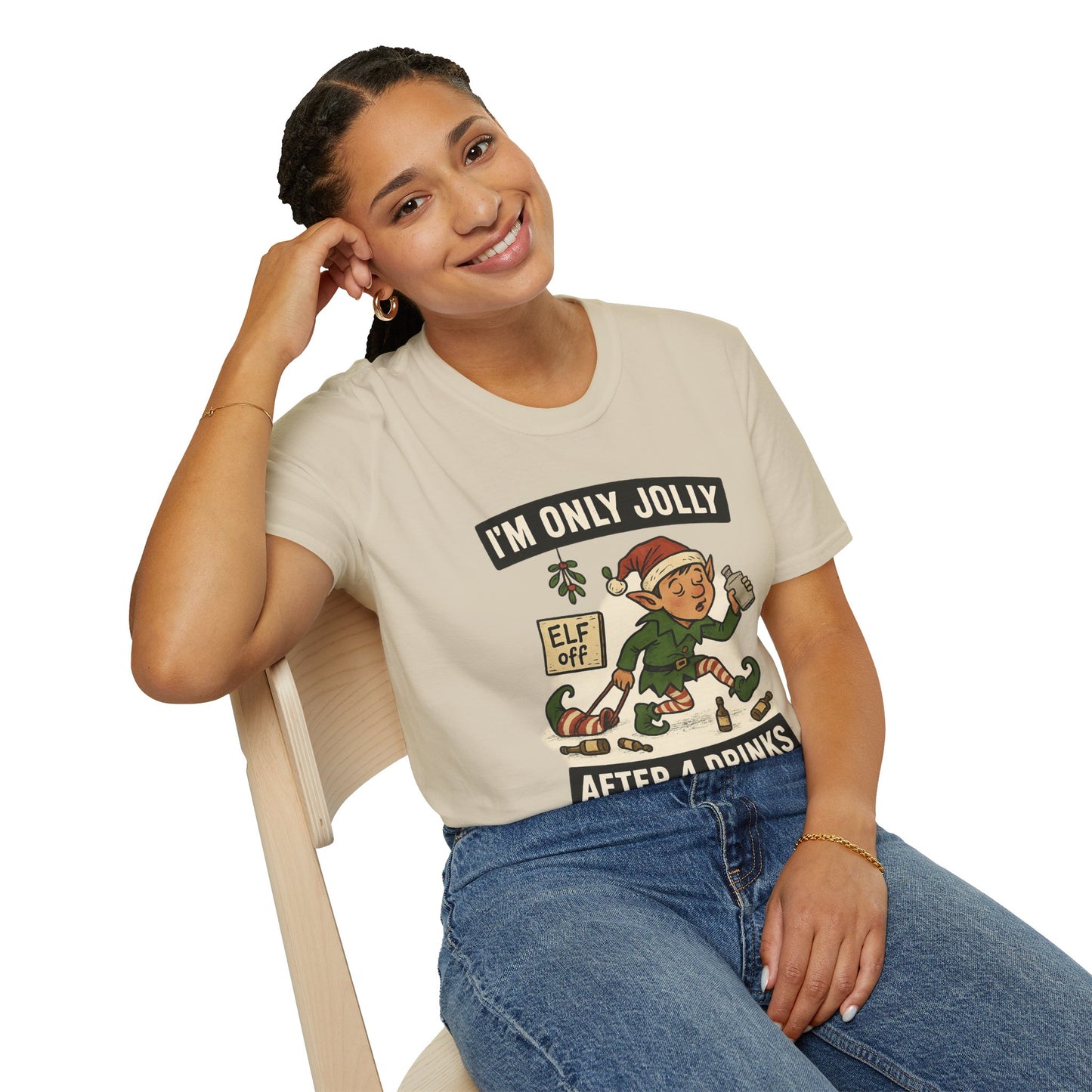 Funny Drunk Elf Christmas Shirt | "I'm Only Jolly After 4 Drinks" Holiday Humor Tee | Naughty Elf Party T-Shirt, Boozy Xmas Graphic Tee