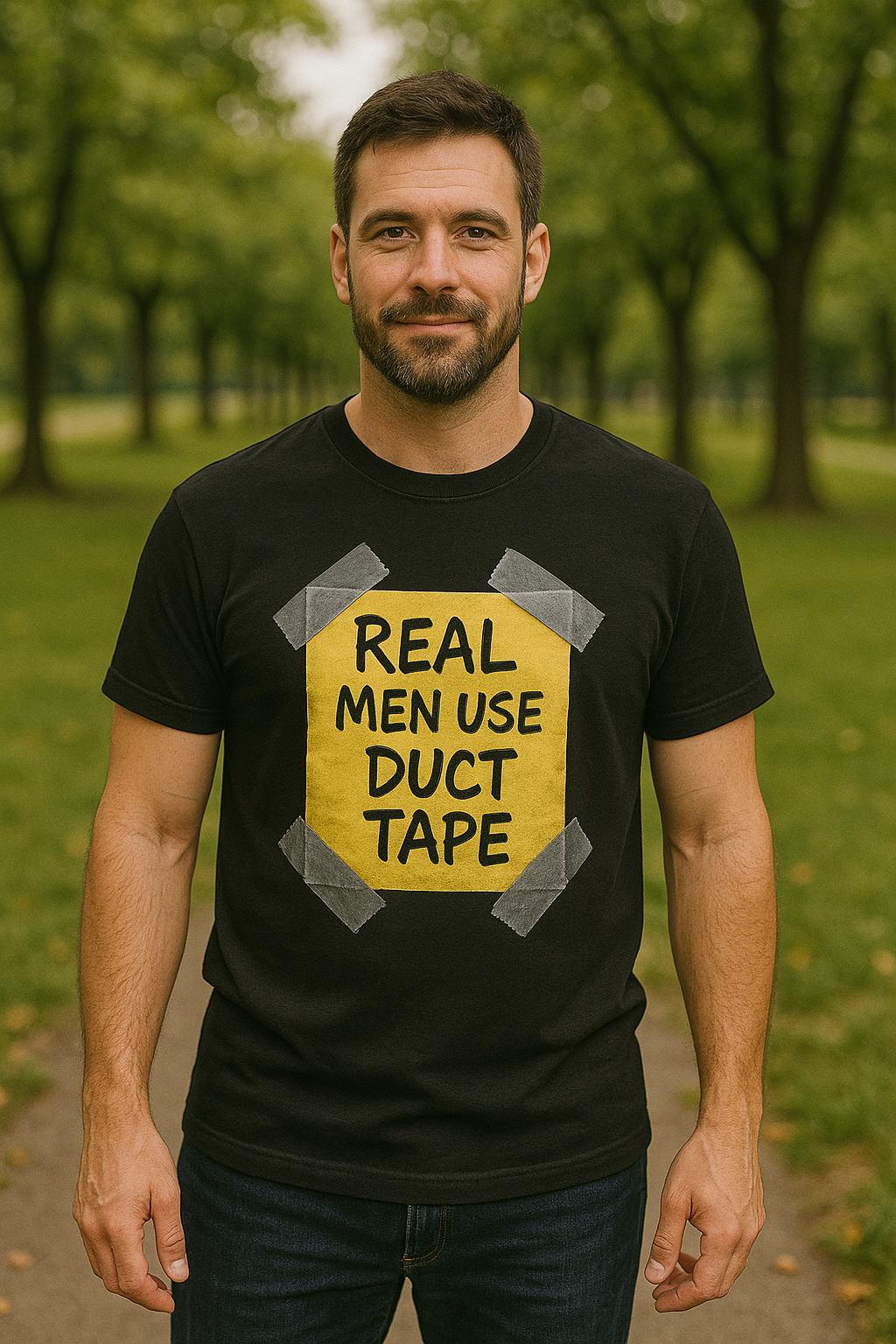 Real Men Use Duct Tape™ Funny Sticky Note T-Shirt – Bold DIY Humor Tee, Casual Wear, Handy Man Shirt, Great for Father's Day