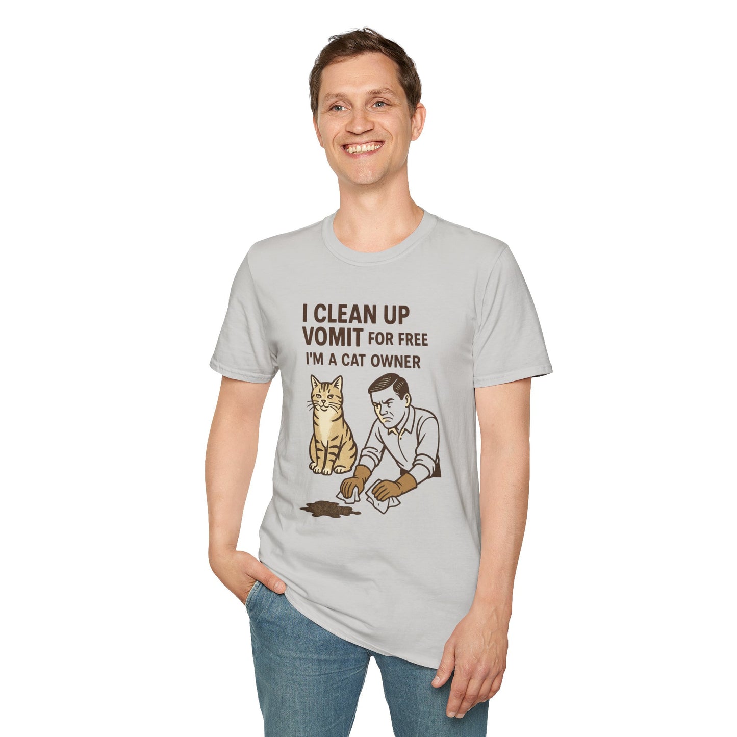 I Clean Up Vomit for Free Funny Cat Owner T-Shirt | Retro Pet Humor Tee