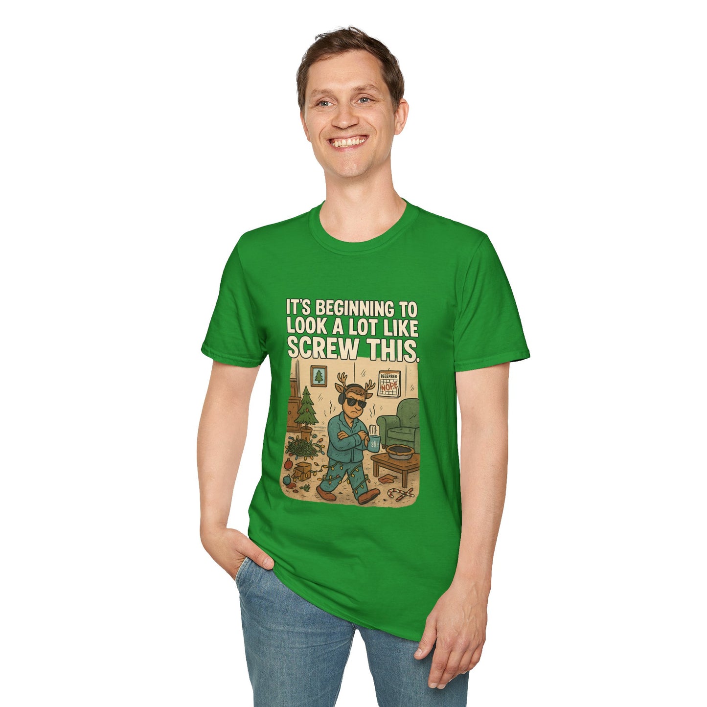 Grumpy Reindeer Christmas Shirt | "It's Beginning to Look a Lot Like Screw This" Funny Holiday Pajama Tee | Introvert Christmas Graphic Tee